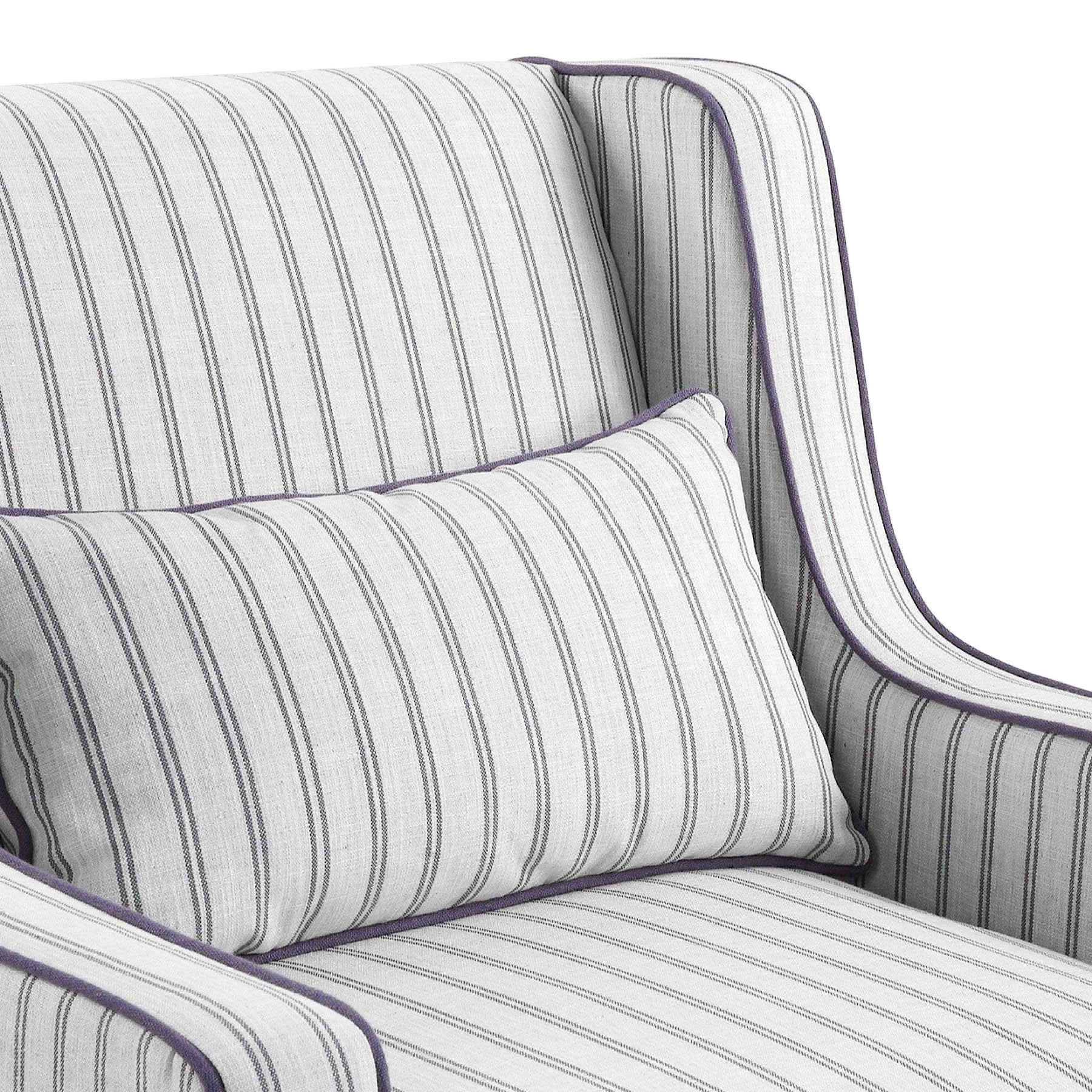 Anchorage Lounge Chair Newport Stripe cushions with purple piping