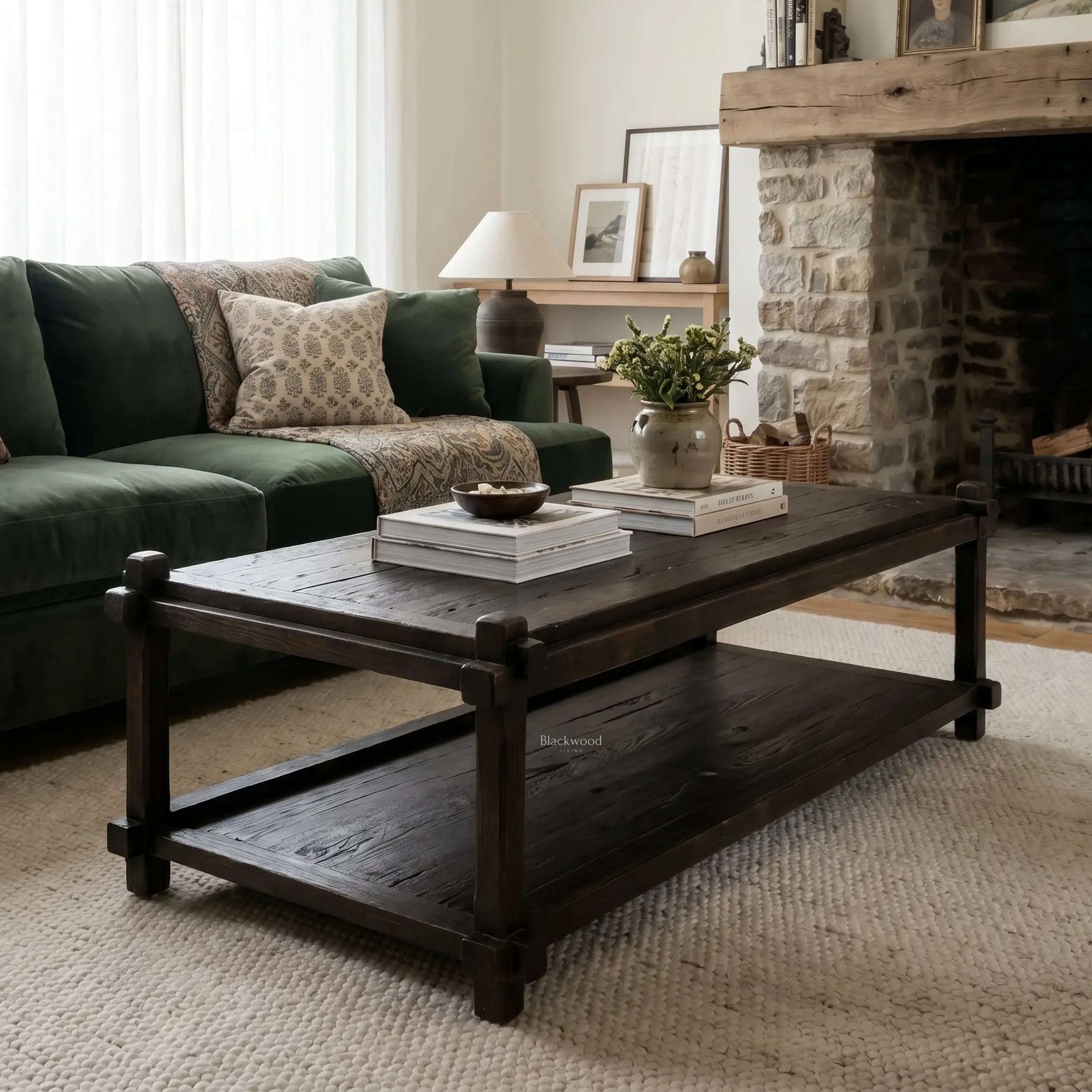 Millhouse Coffee Table in solid fir with walnut stain, low profile and open lower shelf in a cozy living room.