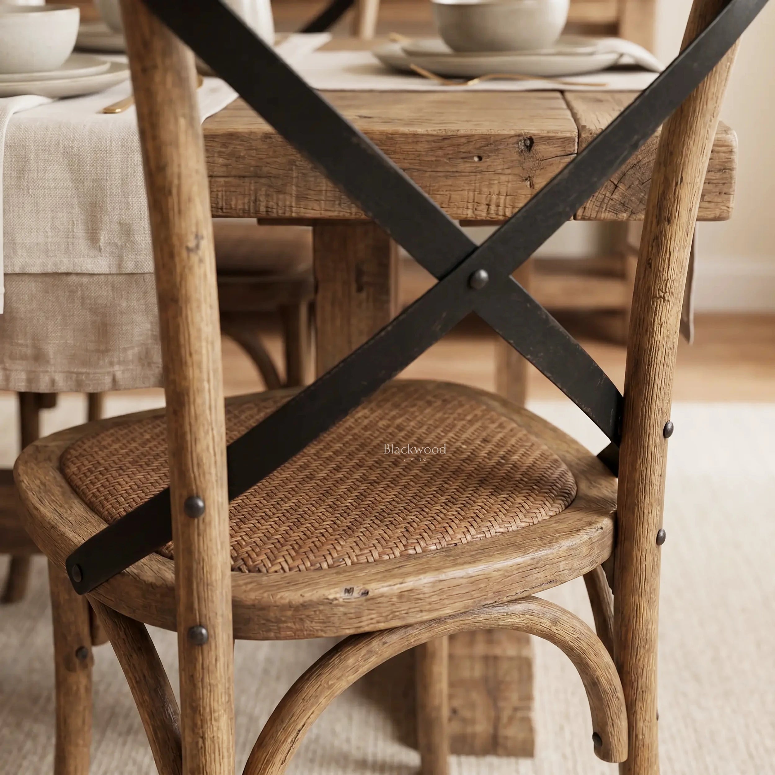 Hawthorne Oak Dining Chair with woven seat, curved timber frame and antique metal detailing in farmhouse style.