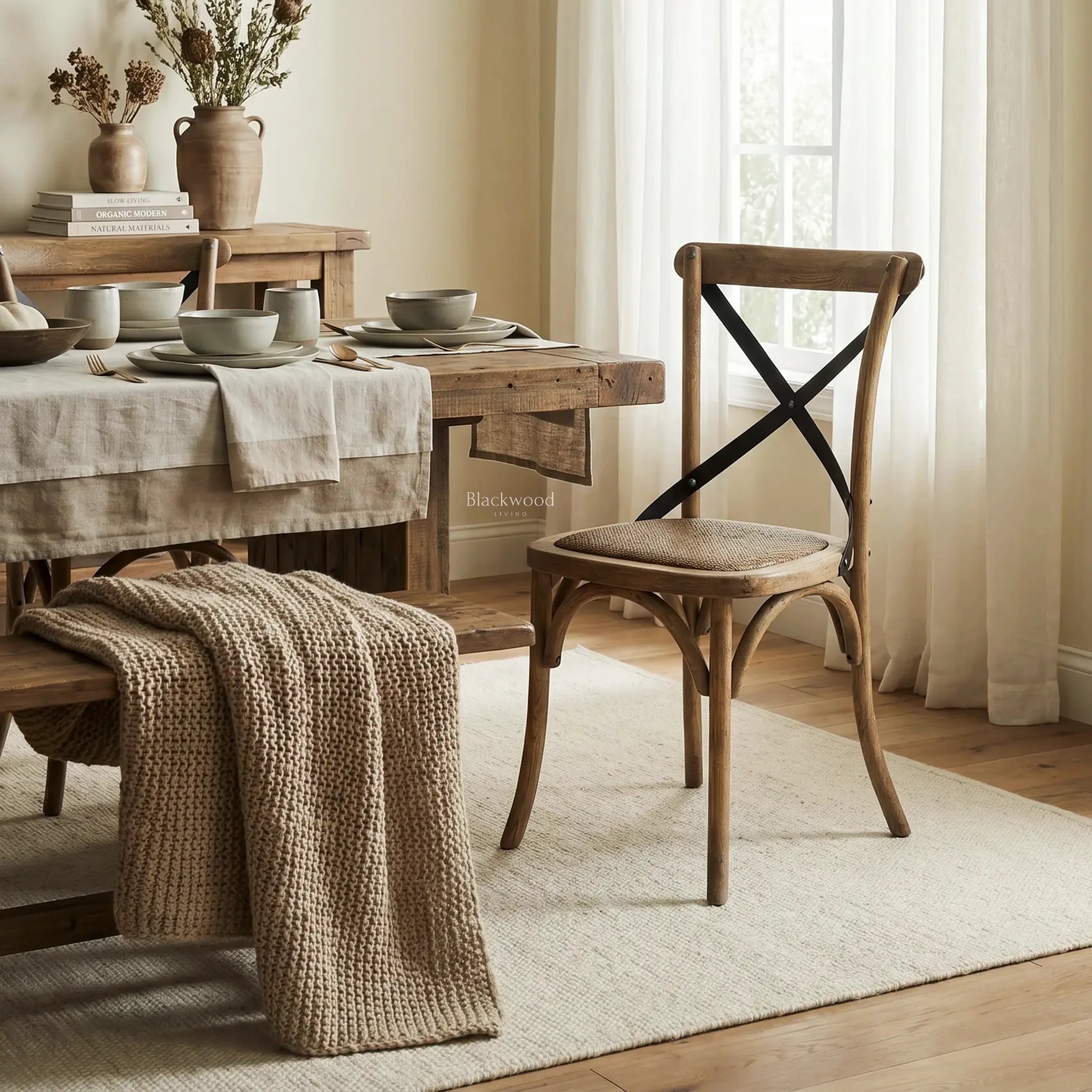 Hawthorne Oak Dining Chair with curved timber frame, woven seat, and antique metal detailing in a farmhouse setting