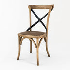 Hawthorne Oak Dining Chair with solid oak, antique metal detailing, curved frame, woven seat, and X-back.