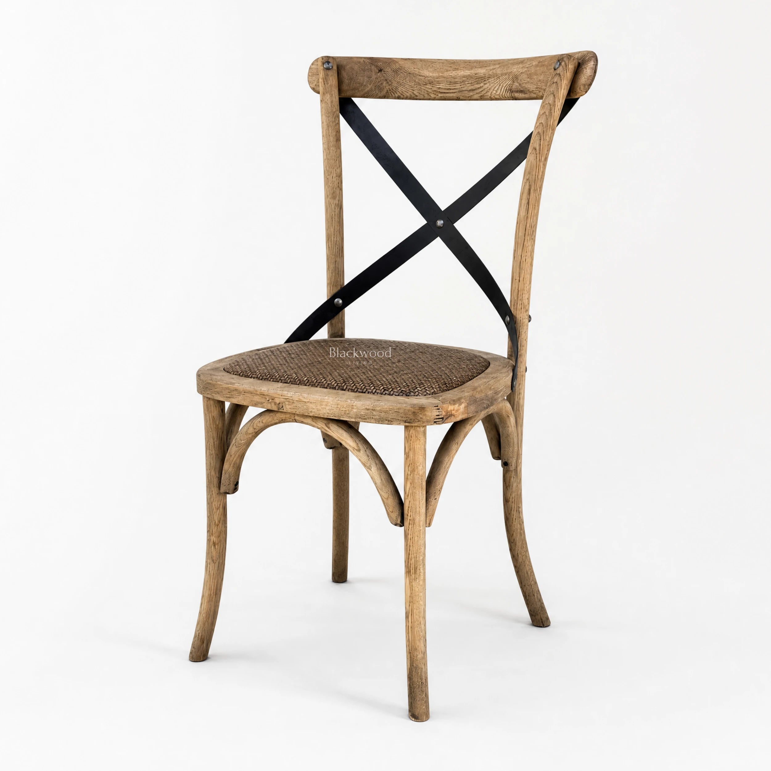 Hawthorne Oak Dining Chair with solid oak, antique metal detailing, curved frame, woven seat, and X-back.