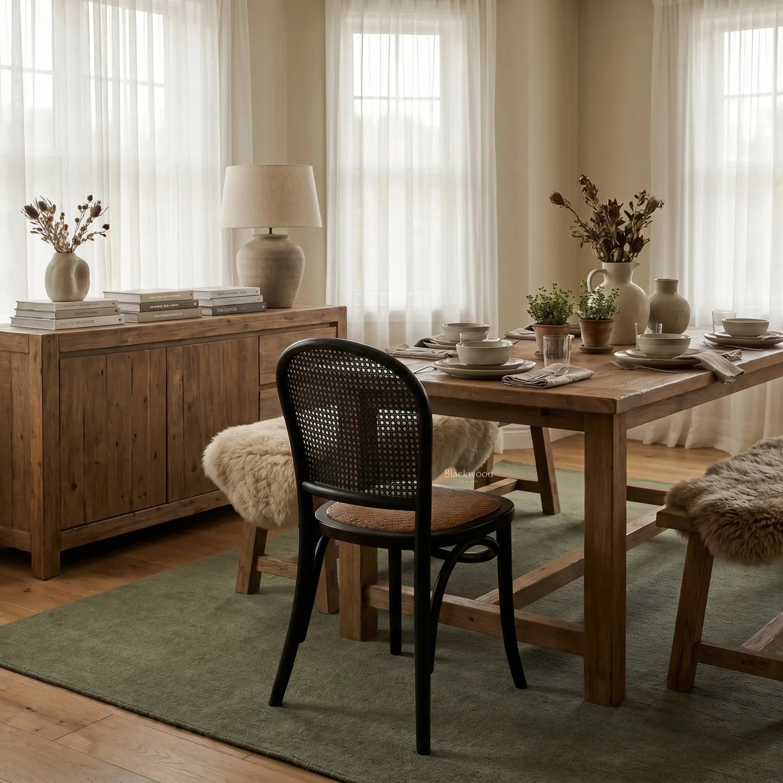 Langford Oak Bistro Chair with solid oak, hand-finished rattan insert back, and cushioned woven seat.