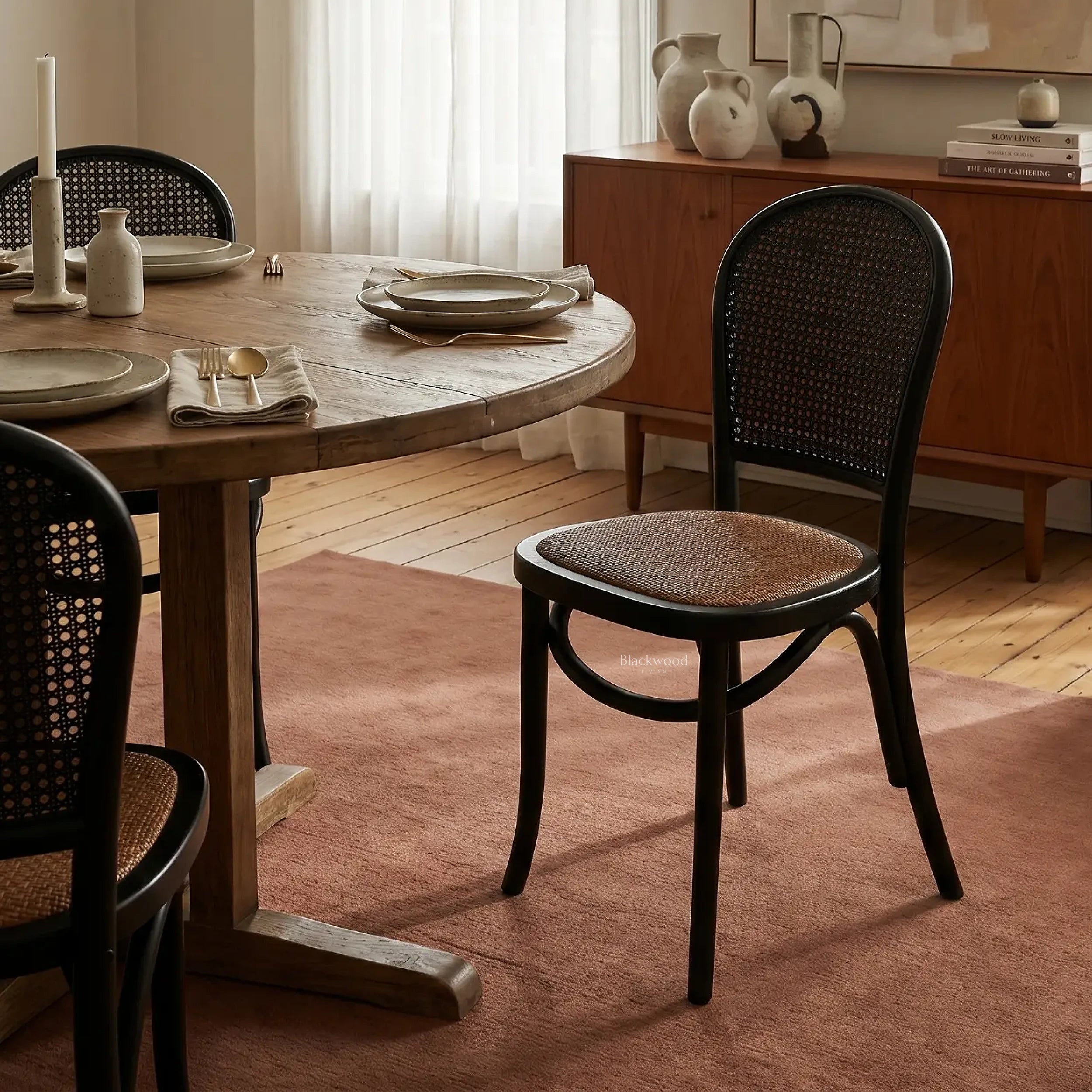 Langford Oak Bistro Chair with solid oak frame, hand-finished rattan back, and cushioned woven seat at a dining table.