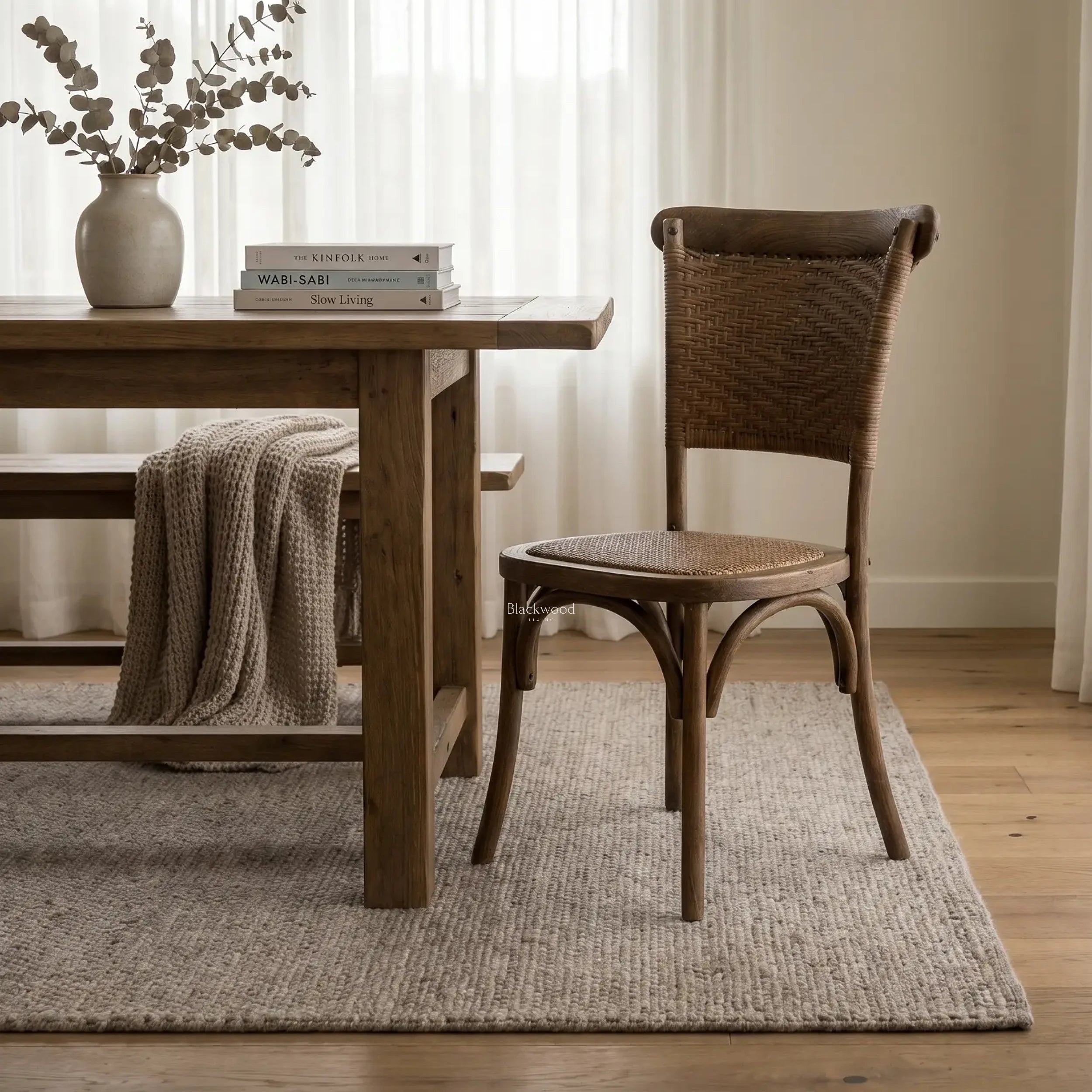 Willowmere Oak Dining Chair with handwoven rattan detailing in a warm farmhouse dining setting beside a wooden table.