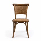 Willowmere Oak Dining Chair featuring antique oak and handwoven rattan back and seat, farmhouse warmth.