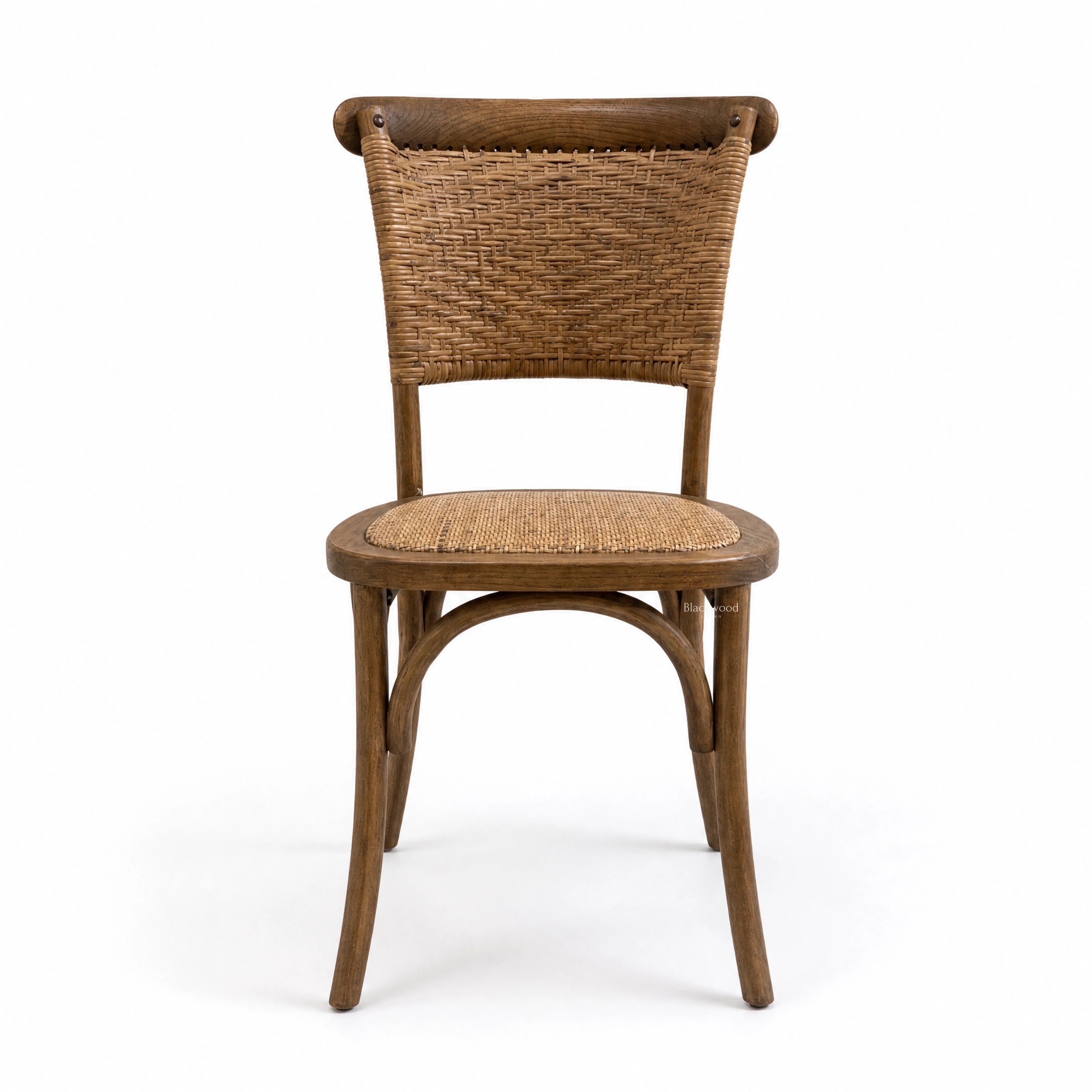 Willowmere Oak Dining Chair featuring antique oak and handwoven rattan back and seat, farmhouse warmth.