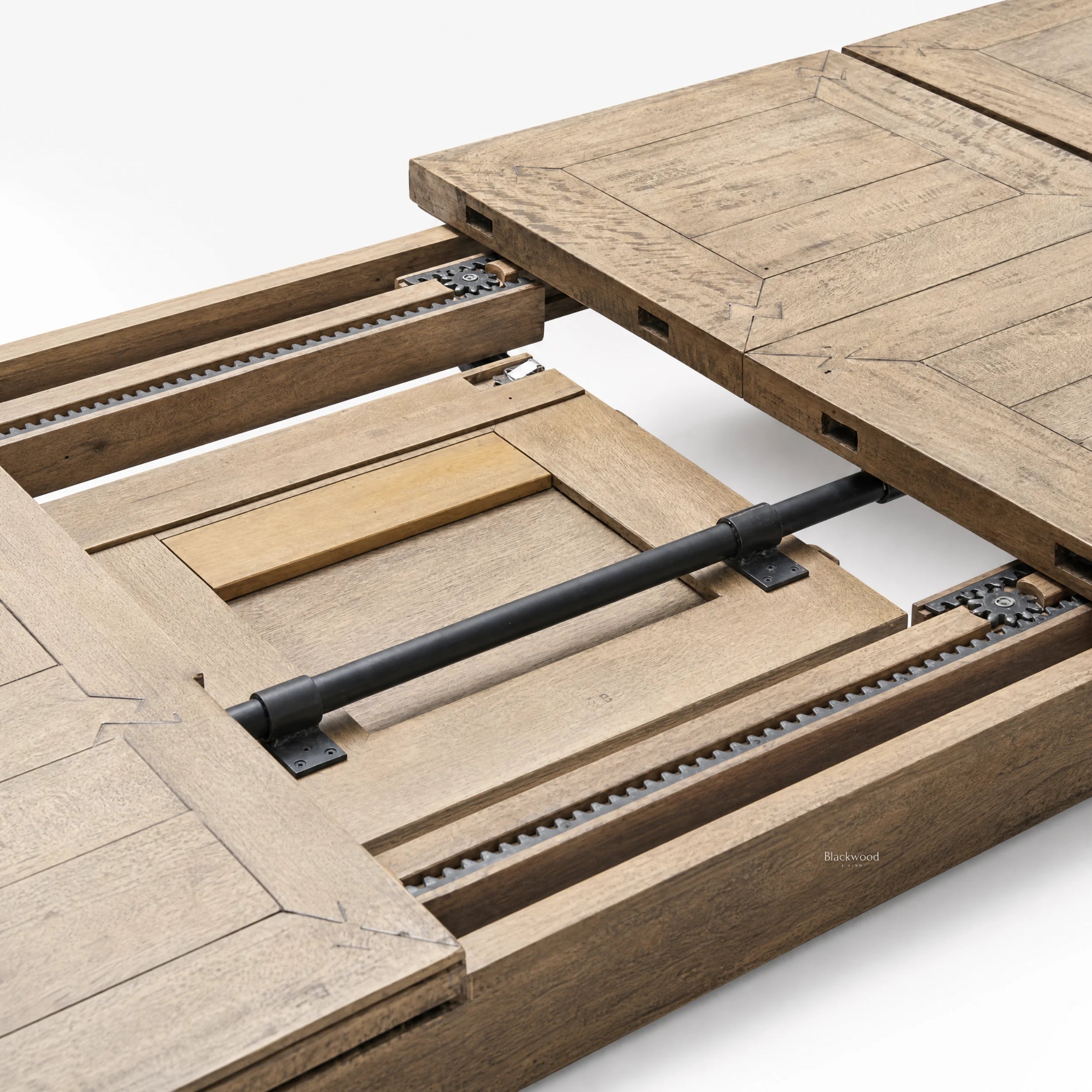 Marlborough Extension Dining Table in solid mango wood with an aged finish and visible gear-driven extension mechanism