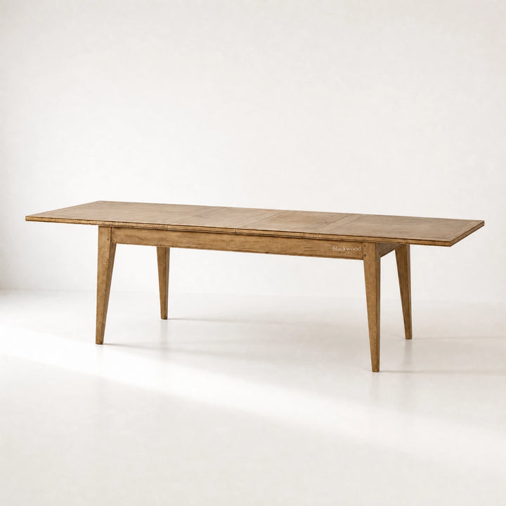 Marlborough Extension Dining Table with extension leaves in solid mango wood and softly aged farmhouse finish.