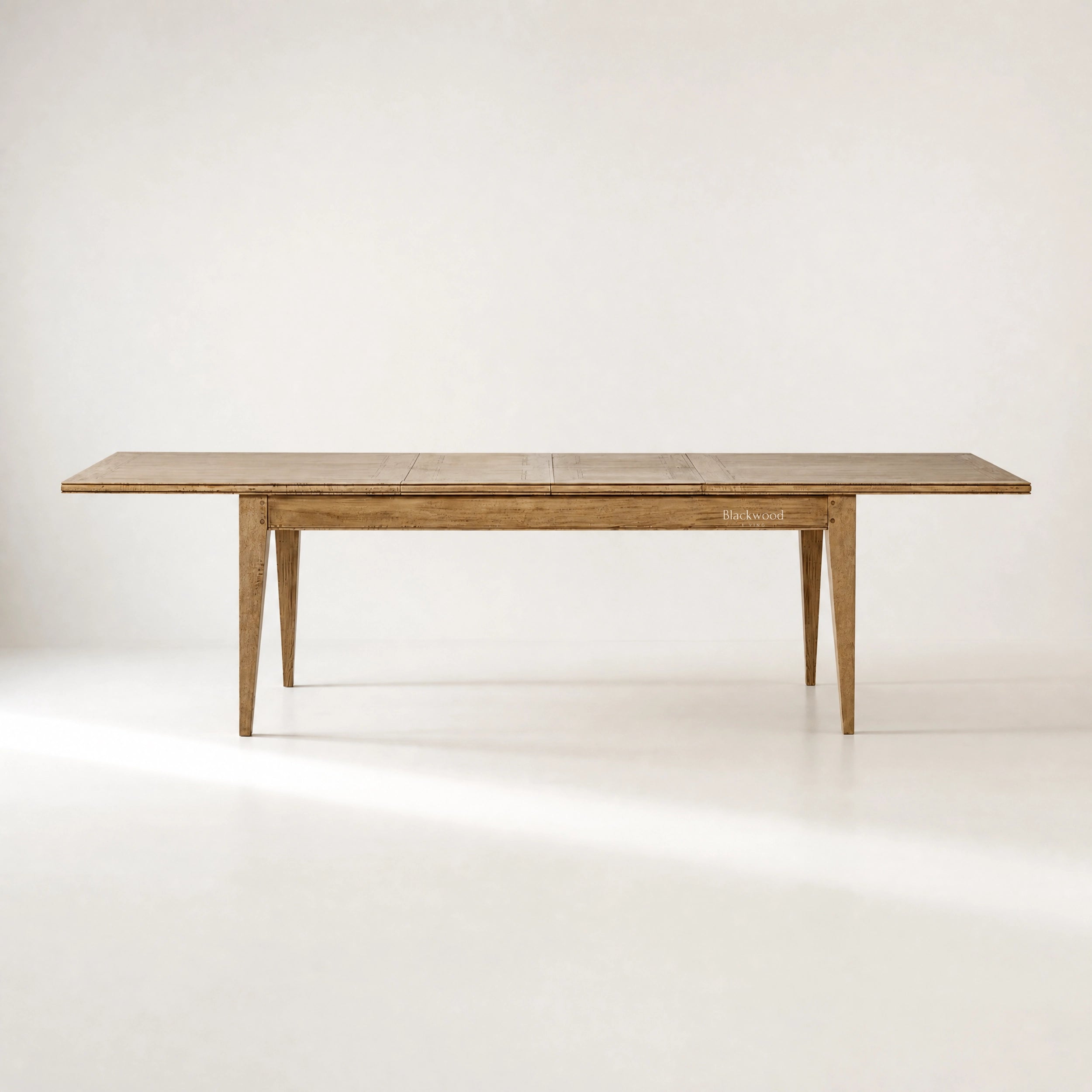 Marlborough Extension Dining Table in solid mango wood with a softly aged finish, farmhouse style.