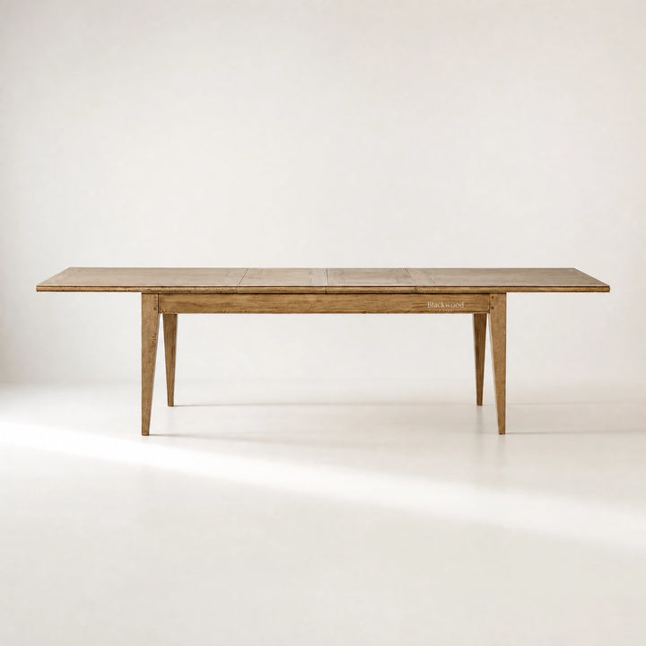 Marlborough Extension Dining Table in solid mango wood with a softly aged finish, farmhouse style.