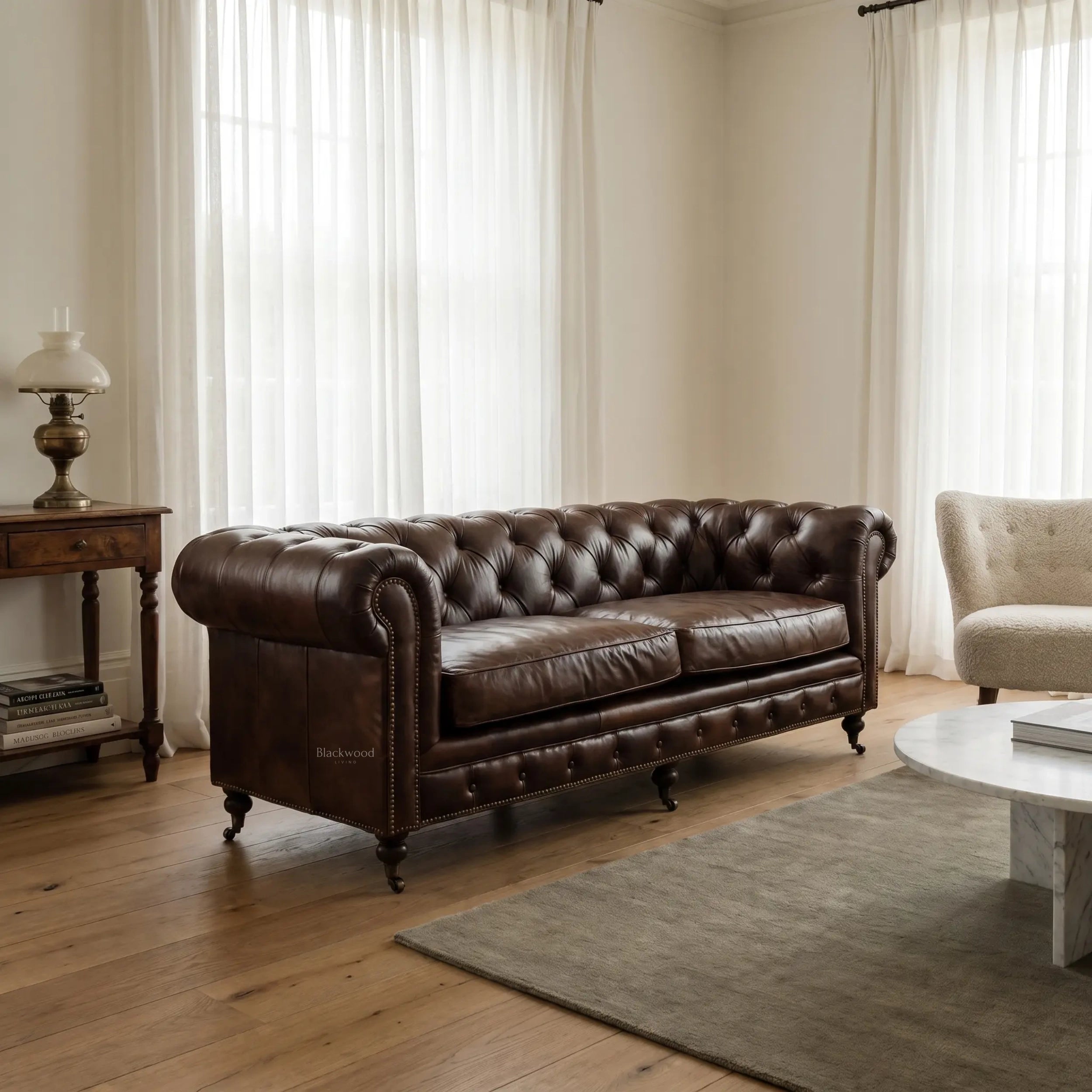 Ashcroft Sofa, three-seat, top-grain South American leather, deep buttoned Chesterfield, brass studs, rolled arms.