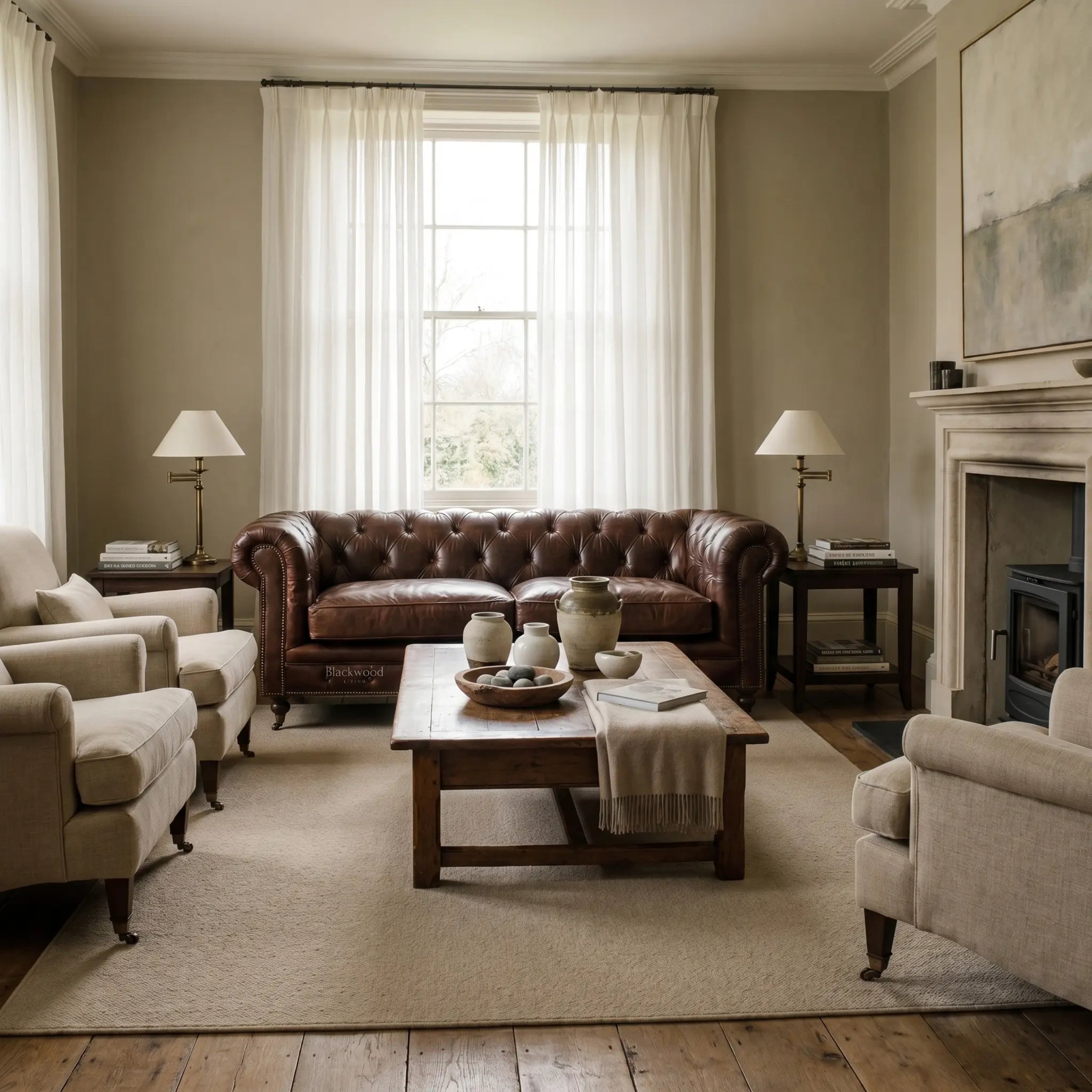 Ashcroft Sofa Three Seat in top-grain South American cow leather, deep buttoned Chesterfield with rolled arms.