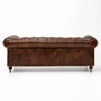 Ashcroft Sofa - Three Seat in brown top-grain cow leather with deep buttoned Chesterfield, brass studs, rolled arms.