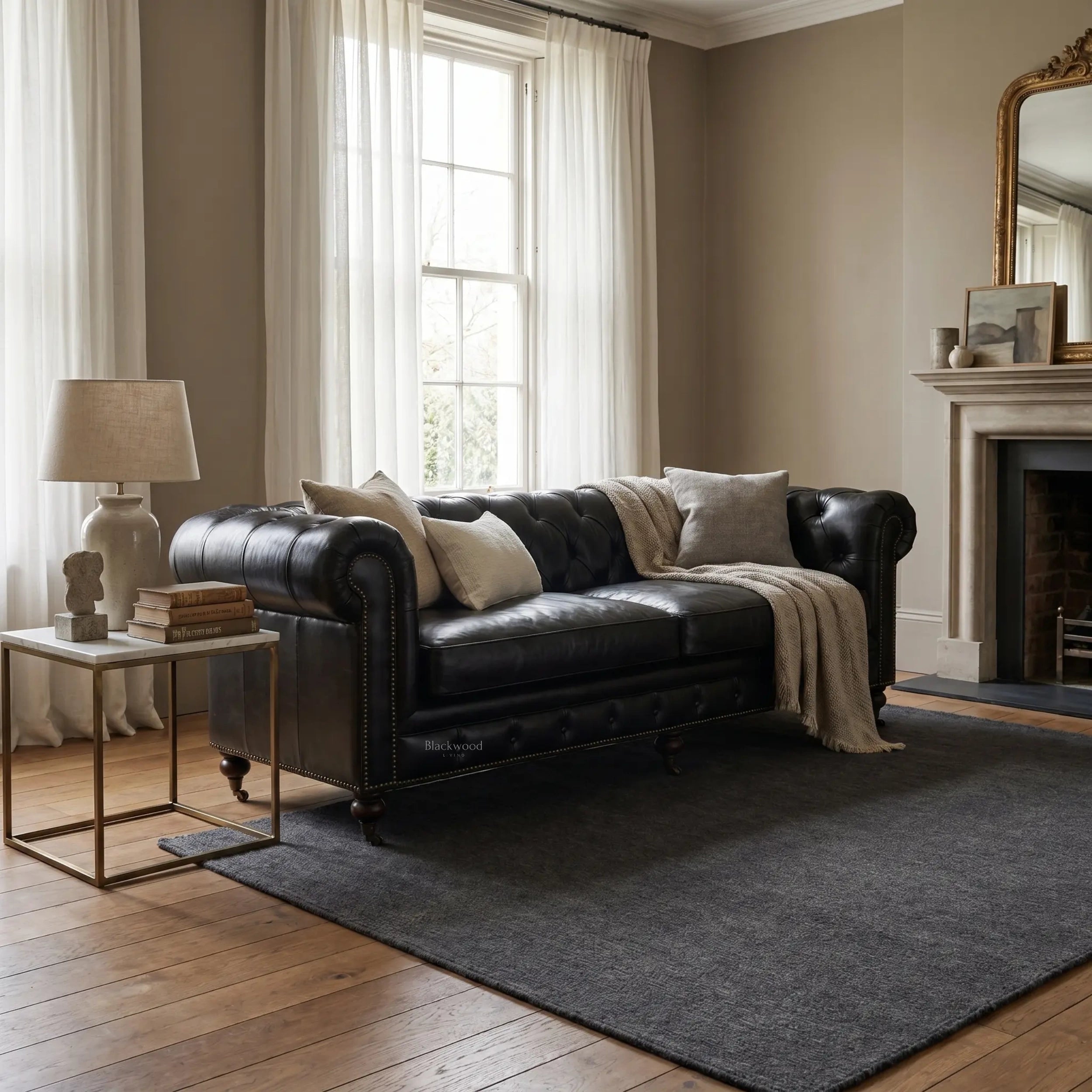 Ashcroft Sofa - Three Seat in South American top-grain cow leather, Chesterfield with brass studs and rolled arms.