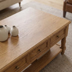Somerset Oak Coffee Table in solid oak with turned legs and traditional drawer detailing.