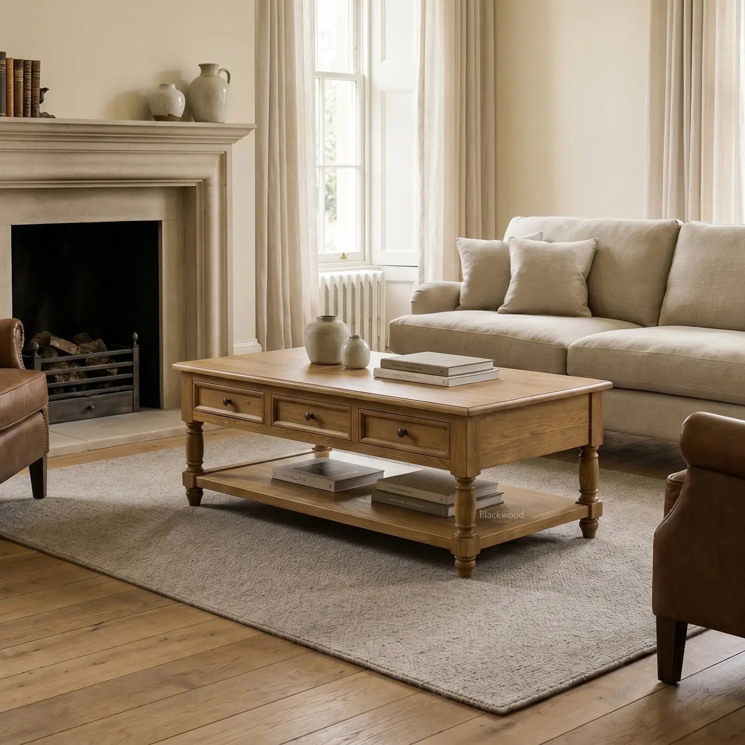 Somerset Oak Coffee Table in a warm living room; solid oak, generous proportions, turned legs, drawer detailing.