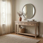 Wetherby Hall Table in solid poplar with weathered finish, framed drawers and lower shelf beside a vase and mirror.