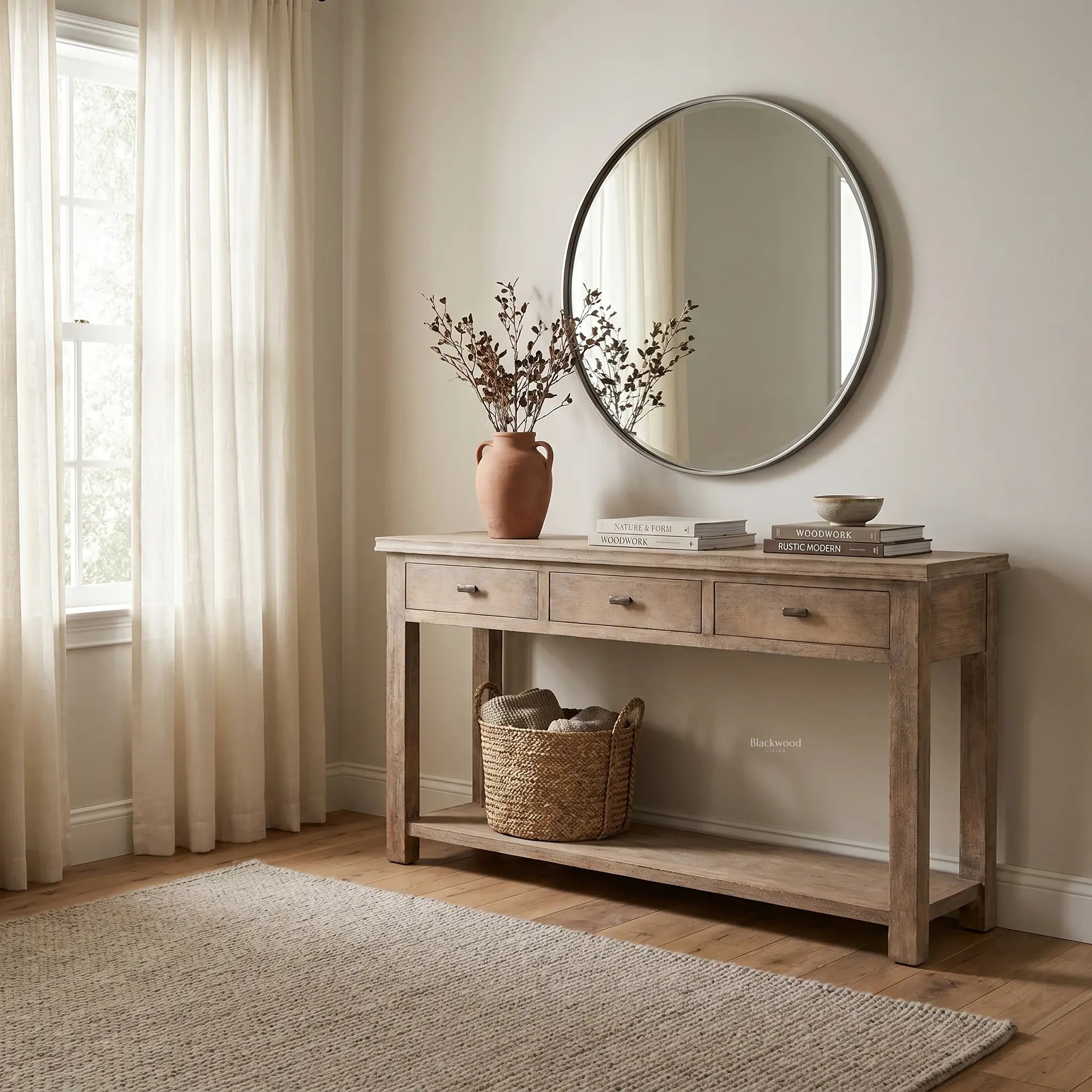 Wetherby Hall Table in solid poplar with weathered finish, framed drawers and lower shelf beside a vase and mirror.
