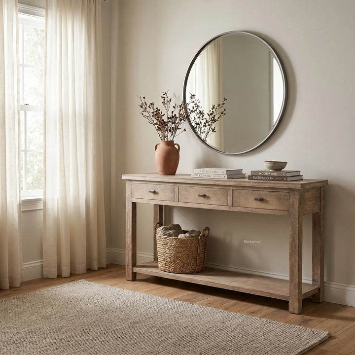 Wetherby Hall Table in solid poplar with weathered finish, framed drawers and lower shelf beside a vase and mirror.
