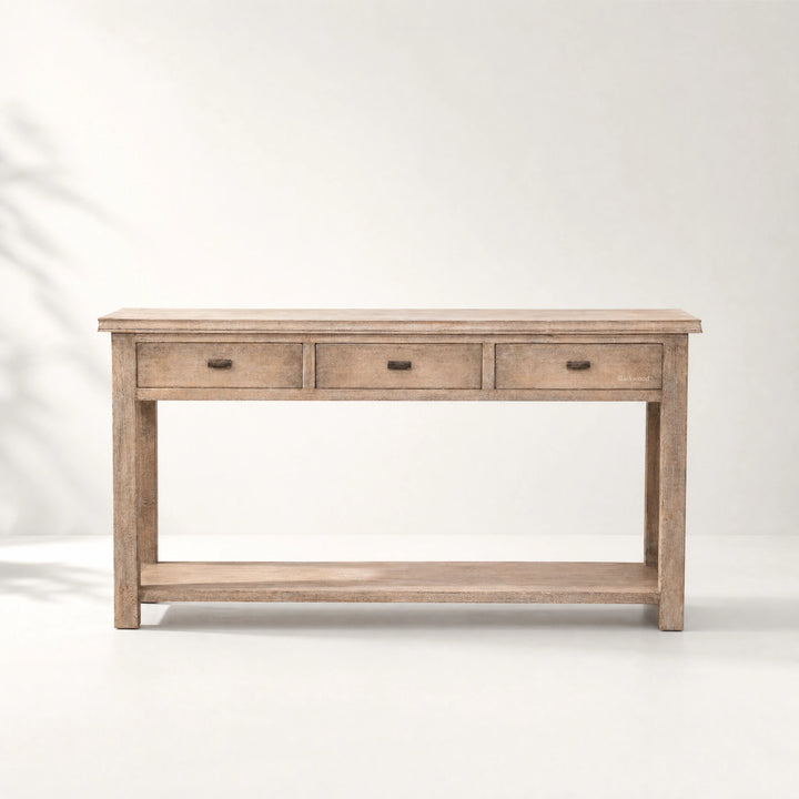 Wetherby Hall Table in solid poplar with weathered finish, framed drawers and lower shelf.