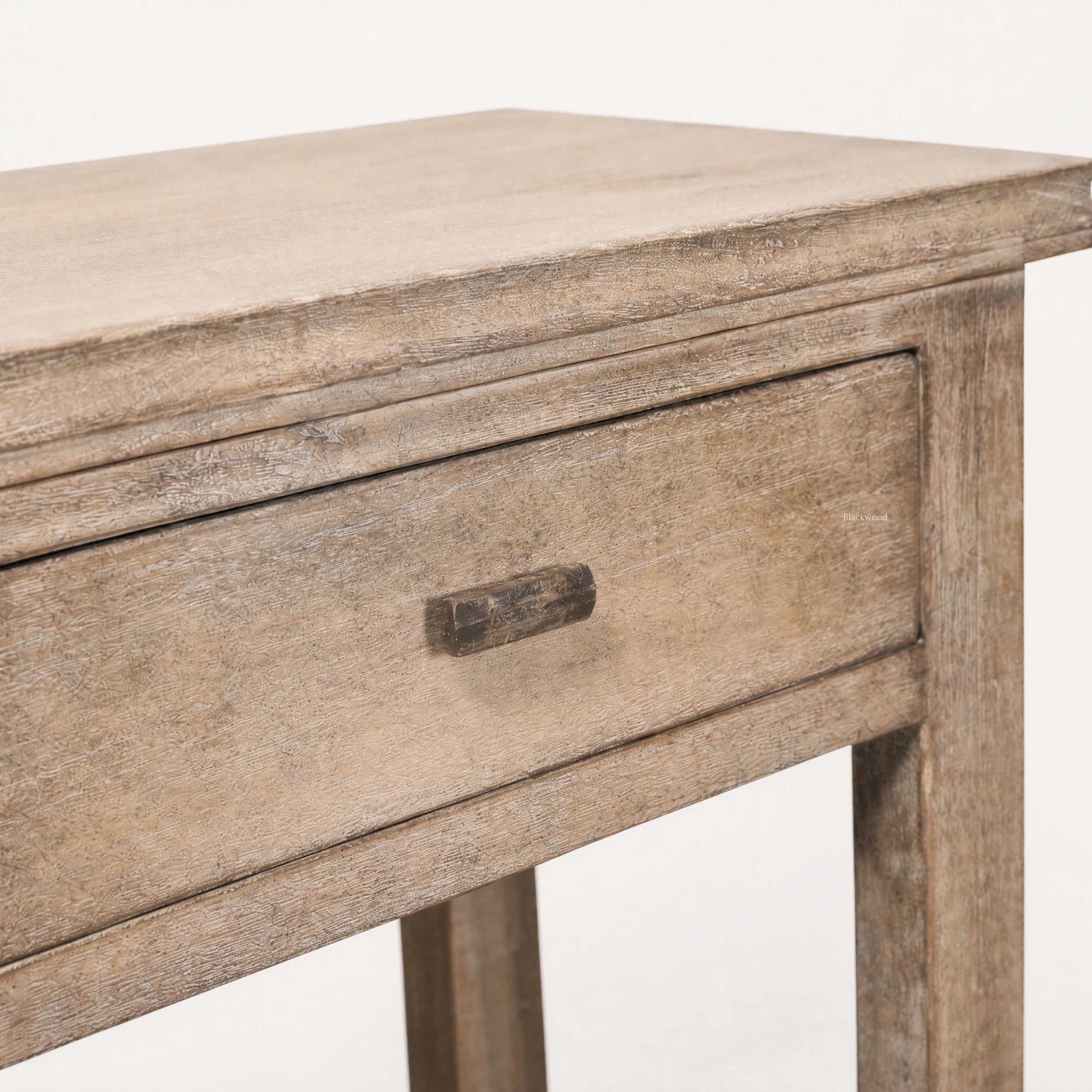 Wetherby Hall Table in solid poplar with weathered finish, featuring framed drawers and a lower shelf.