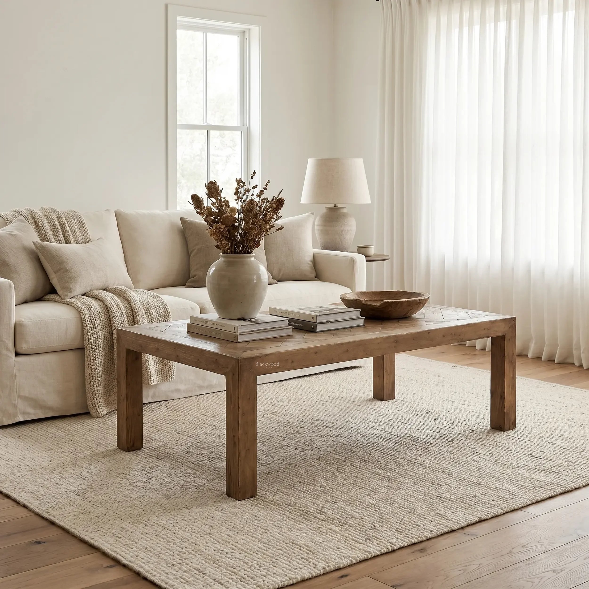 Aldridge Coffee Table in solid reclaimed pine with a hand-laid parquet top in a neutral living room.