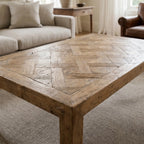 Aldridge Coffee Table, solid reclaimed pine with a hand-laid parquet top, warm, textured living room centerpiece.