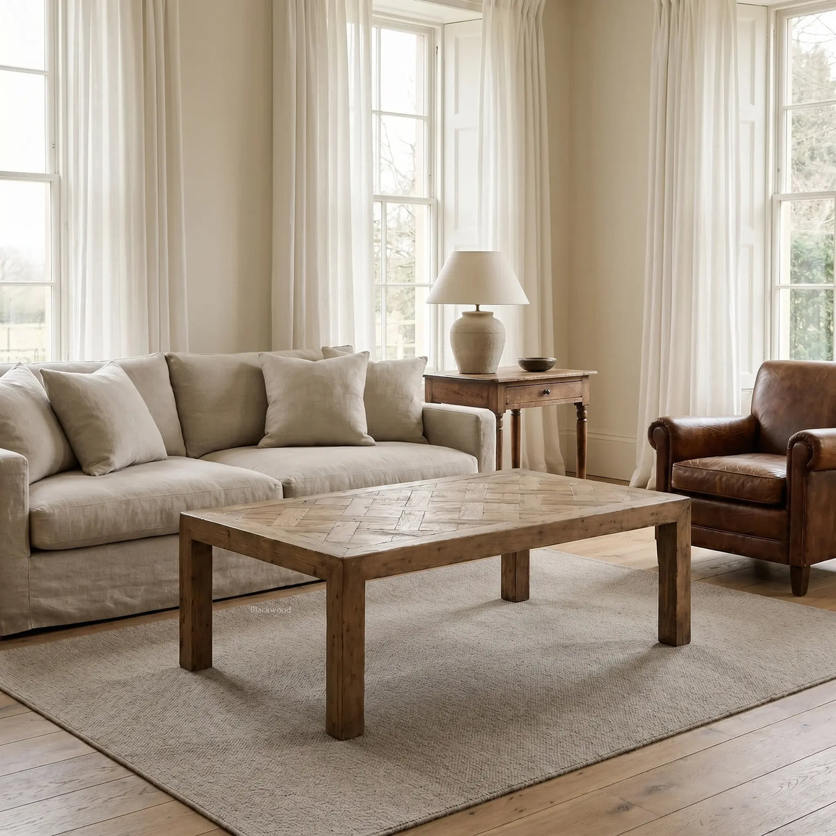 Aldridge Coffee Table in solid reclaimed pine with hand-laid parquet top in a sunlit living room.