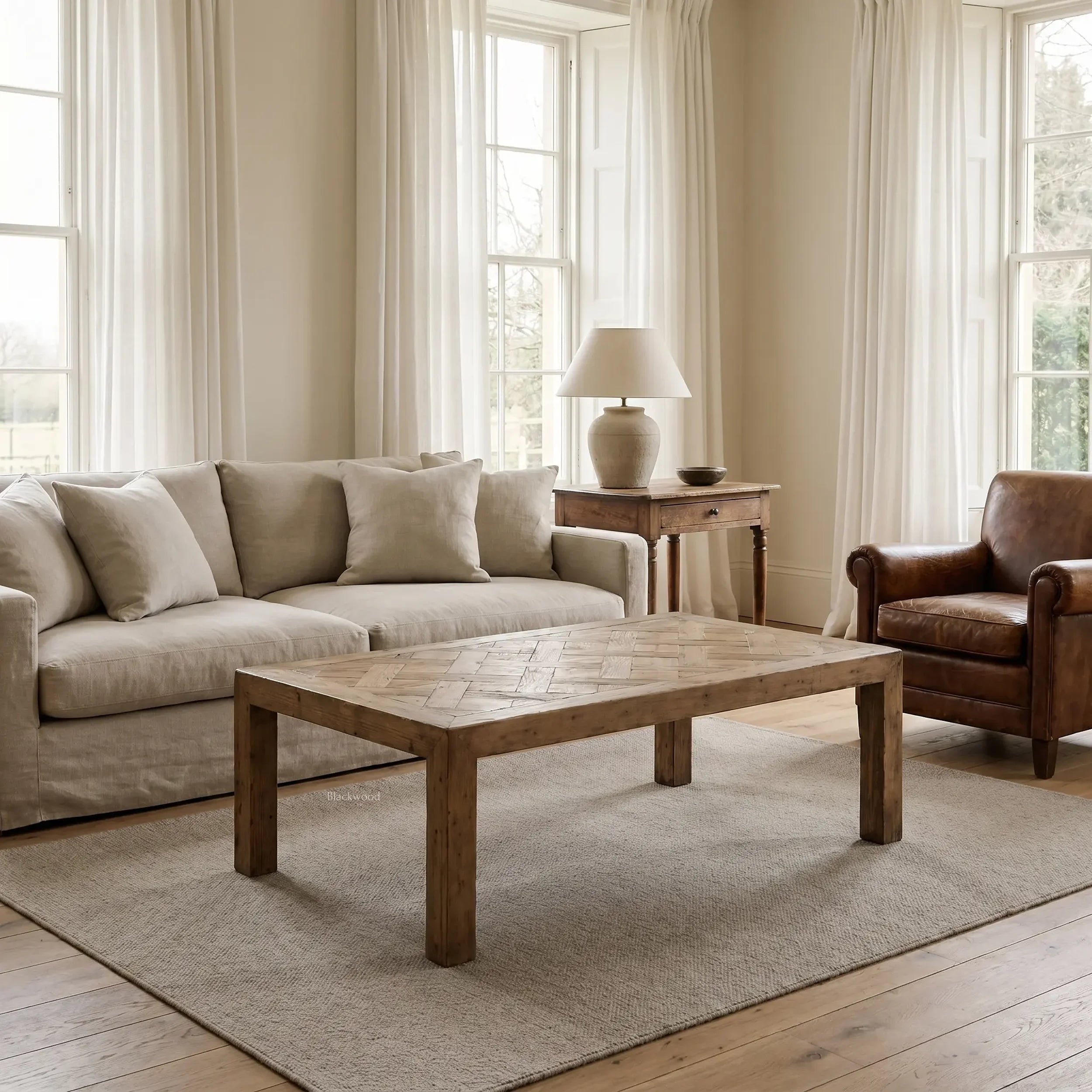 Aldridge Coffee Table in solid reclaimed pine with hand-laid parquet top in a sunlit living room.