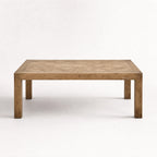 Aldridge Coffee Table in solid reclaimed pine with a hand-laid parquet top, highlighting natural variation and warmth.