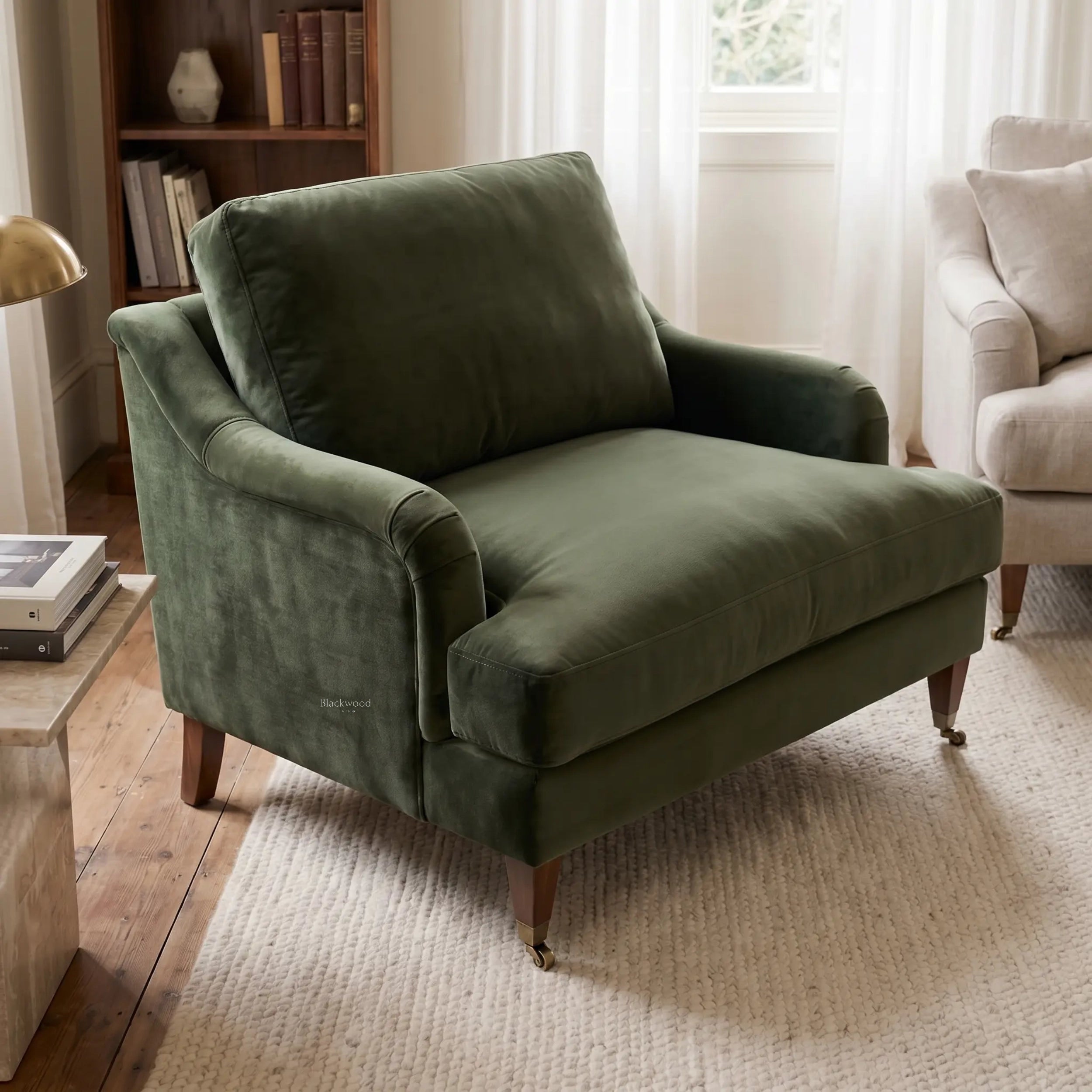Ashcroft Chair in olive polyester velvet with generous proportions, deep seat and soft cushioning.