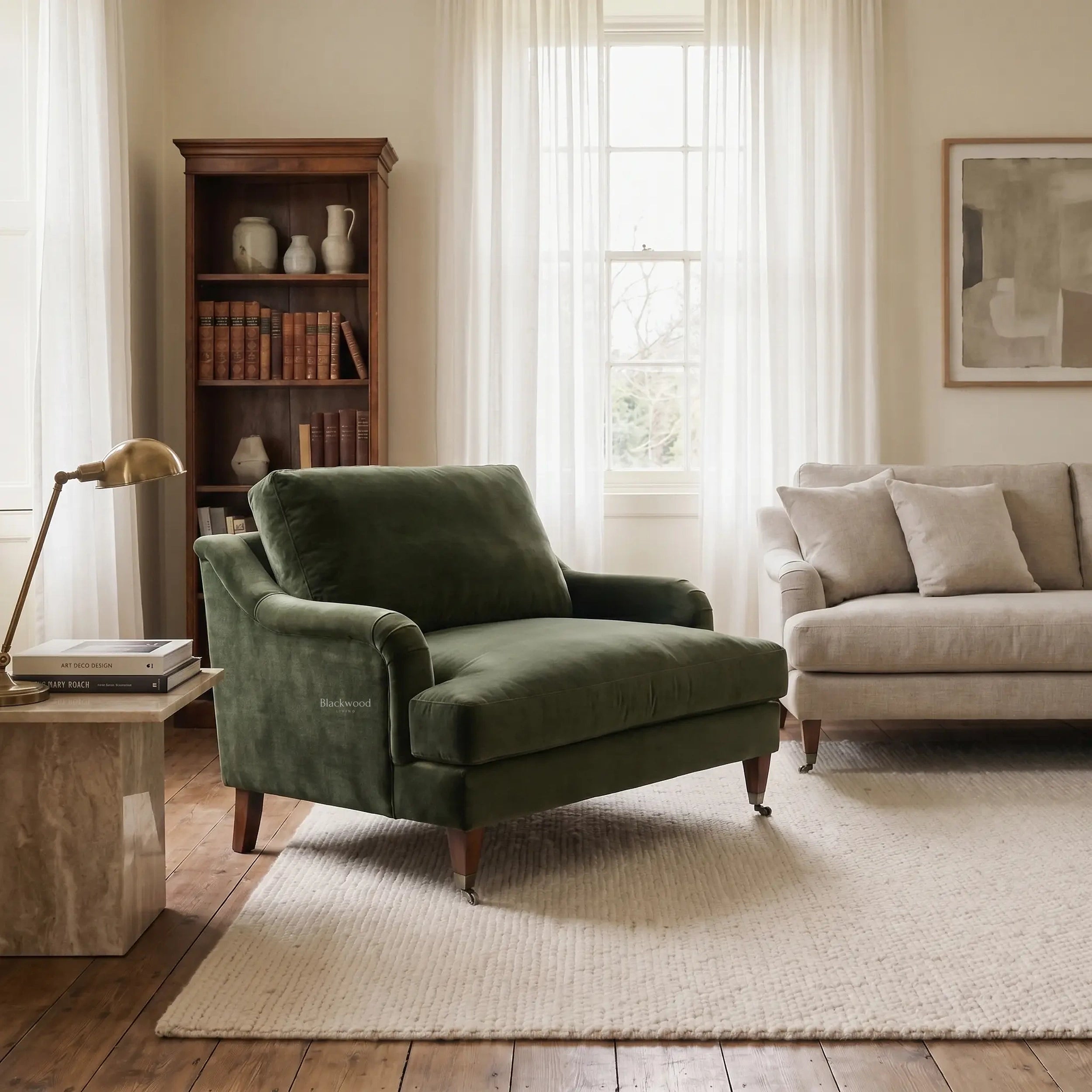 Ashcroft 1.5 Seat Chair in olive polyester velvet with a deep, cushioned seat in a cozy living room.