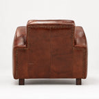 Back of Kingsford Leather Armchair in Vintage Tobacco South American top-grain cow leather with studded nailhead trim.