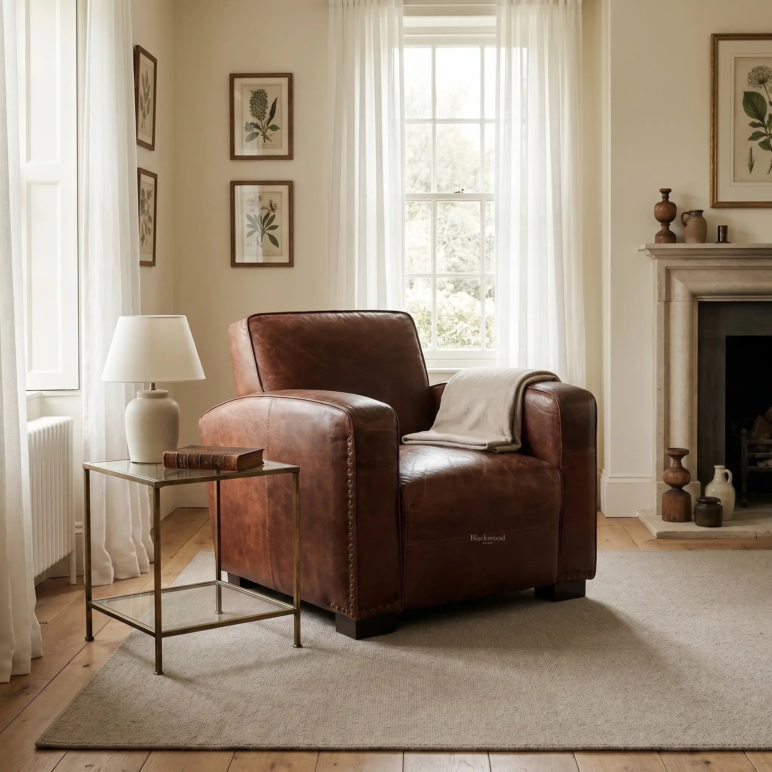 Kingsford Leather Armchair in vintage tobacco leather with deep seat and substantial arms in a cozy living room.