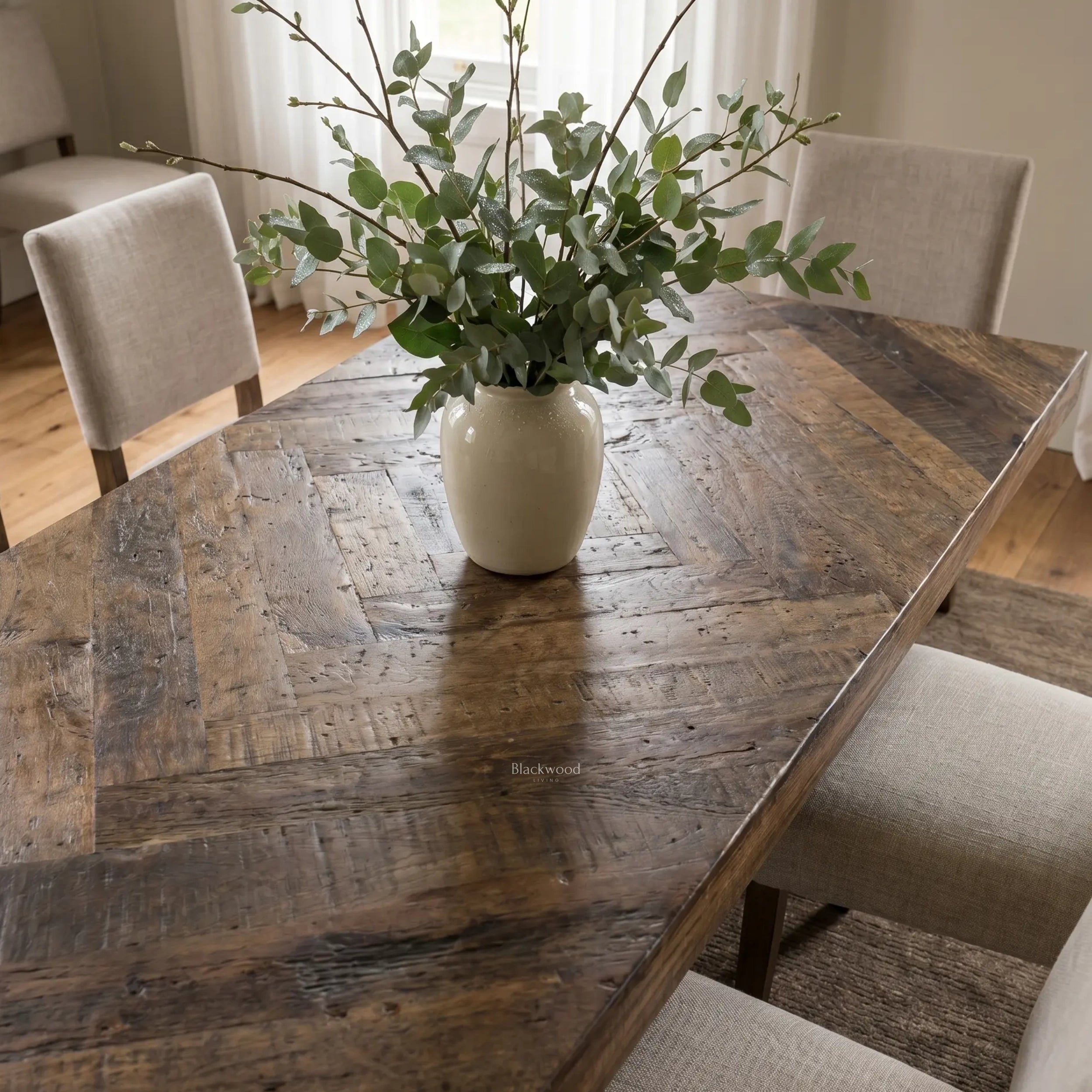Blackmoor Dining Table in reclaimed mango wood with walnut stain and parquet top, centerpiece with greenery.