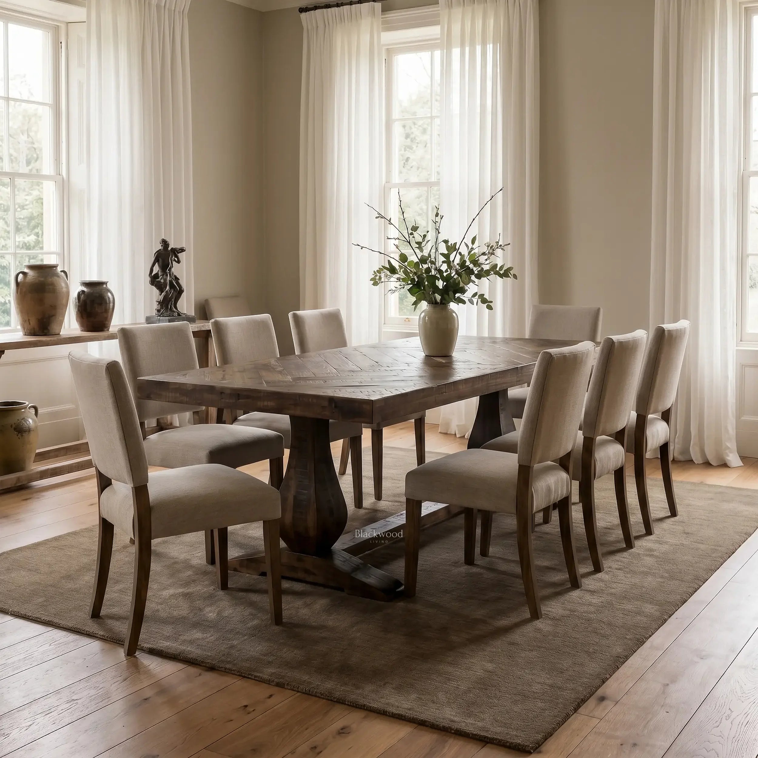 Blackmoor Dining Table in reclaimed mango wood with Walnut stain and parquet tabletop, set in a bright dining room.