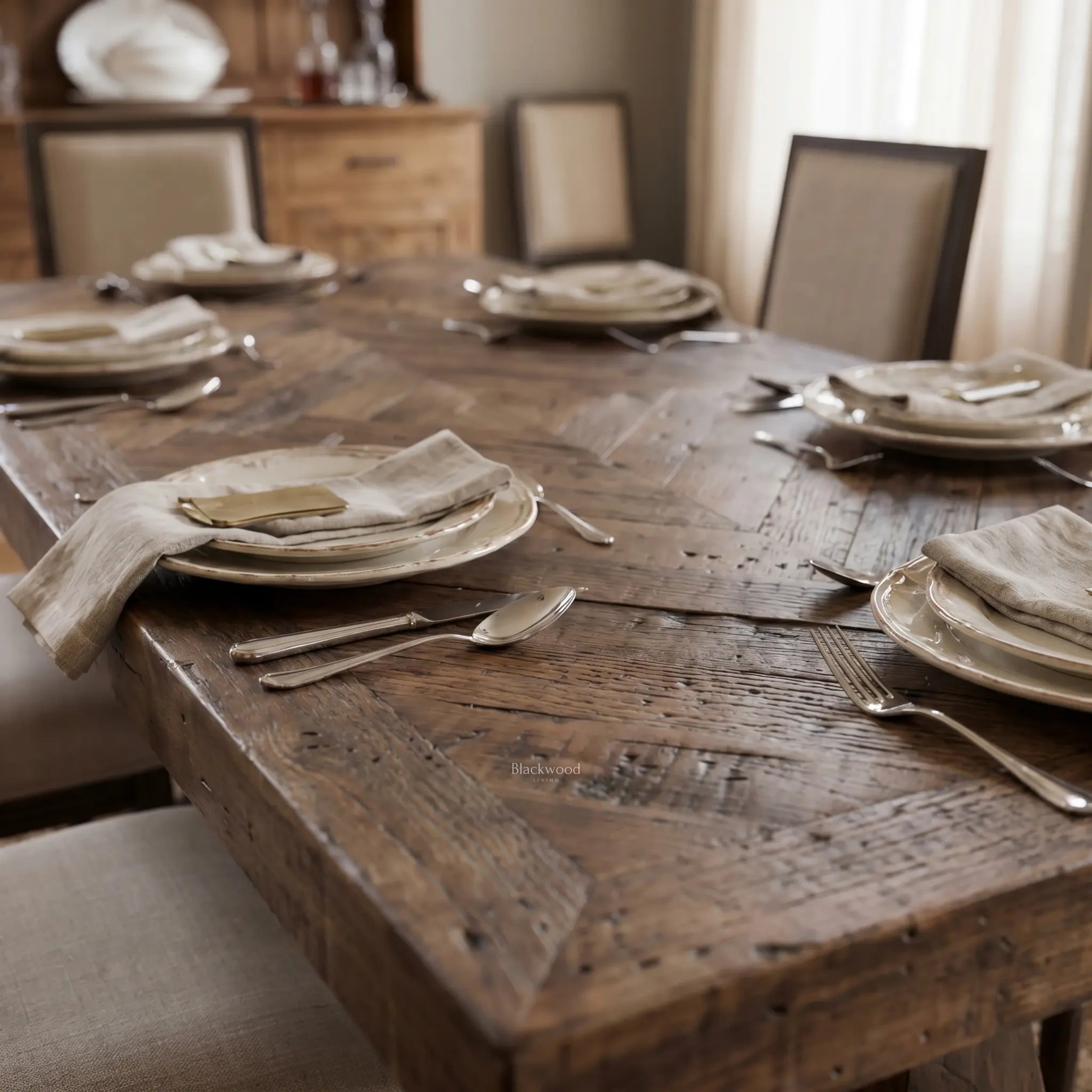 Blackmoor Dining Table in reclaimed mango wood with Walnut stain and parquet tabletop, set for a meal.