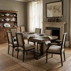 Blackmoor Dining Table in reclaimed mango wood with walnut stain and parquet top, in a classic dining room.