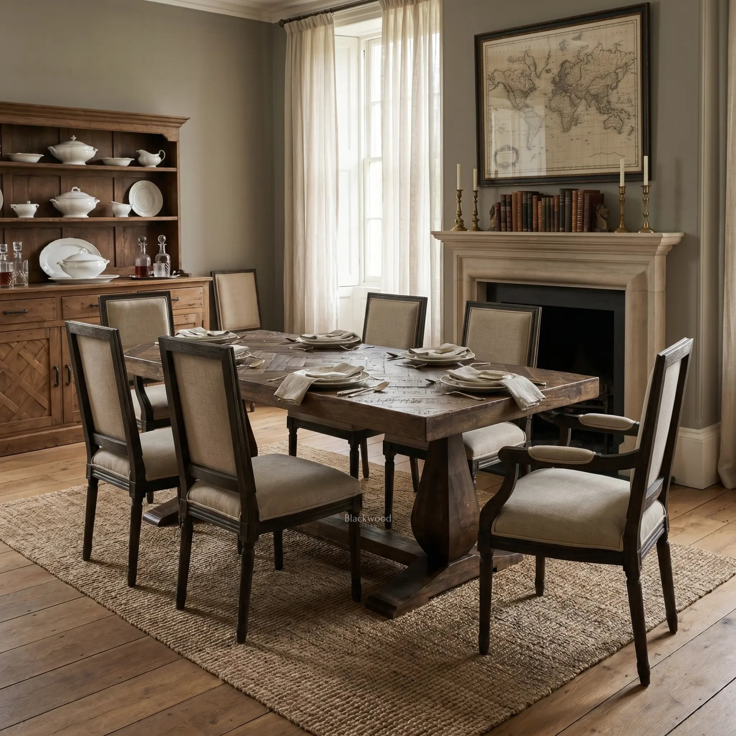 Blackmoor Dining Table in reclaimed mango wood with walnut stain and parquet top, in a classic dining room.