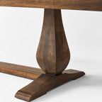 Blackmoor Dining Table, reclaimed mango wood with walnut stain, parquet top, sculptural pedestal legs.