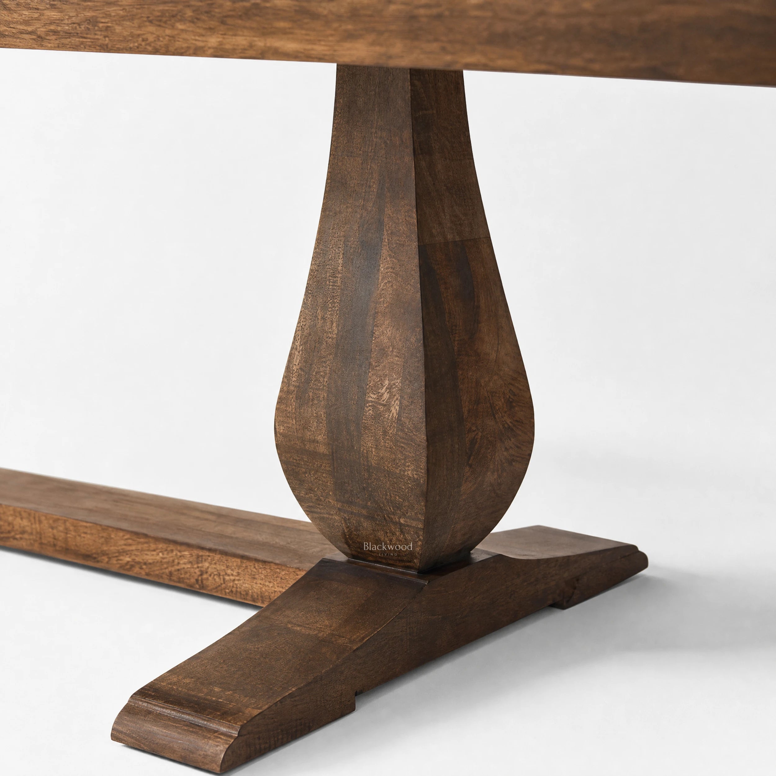 Blackmoor Dining Table, reclaimed mango wood with walnut stain, parquet top, sculptural pedestal legs.