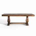 Blackmoor Dining Table in reclaimed mango wood with Walnut stain, featuring a parquet tabletop and sturdy carved legs.