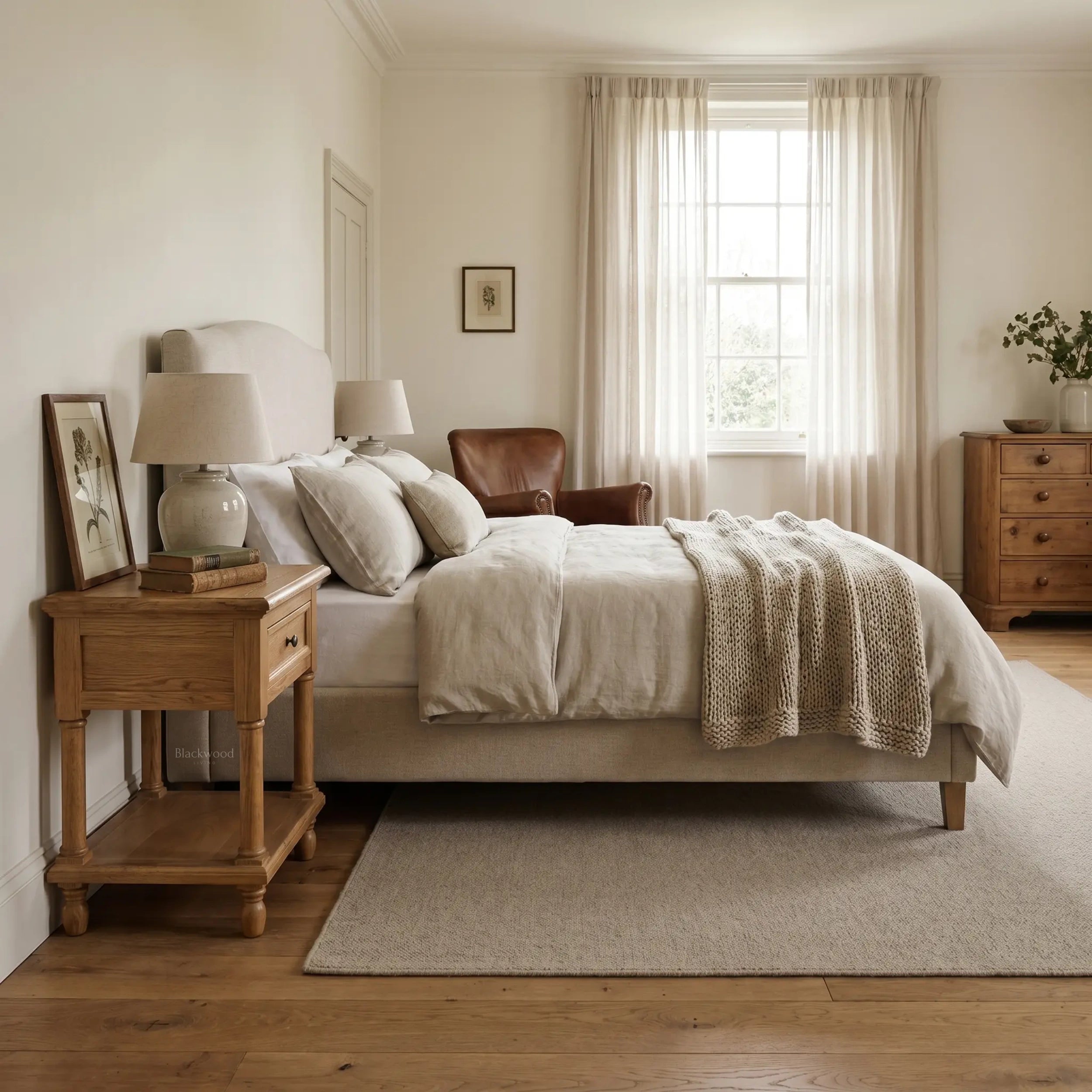 Oakridge Bedside Table in a neutral bedroom with solid oak, framed drawer fronts, turned legs, and lower shelf.