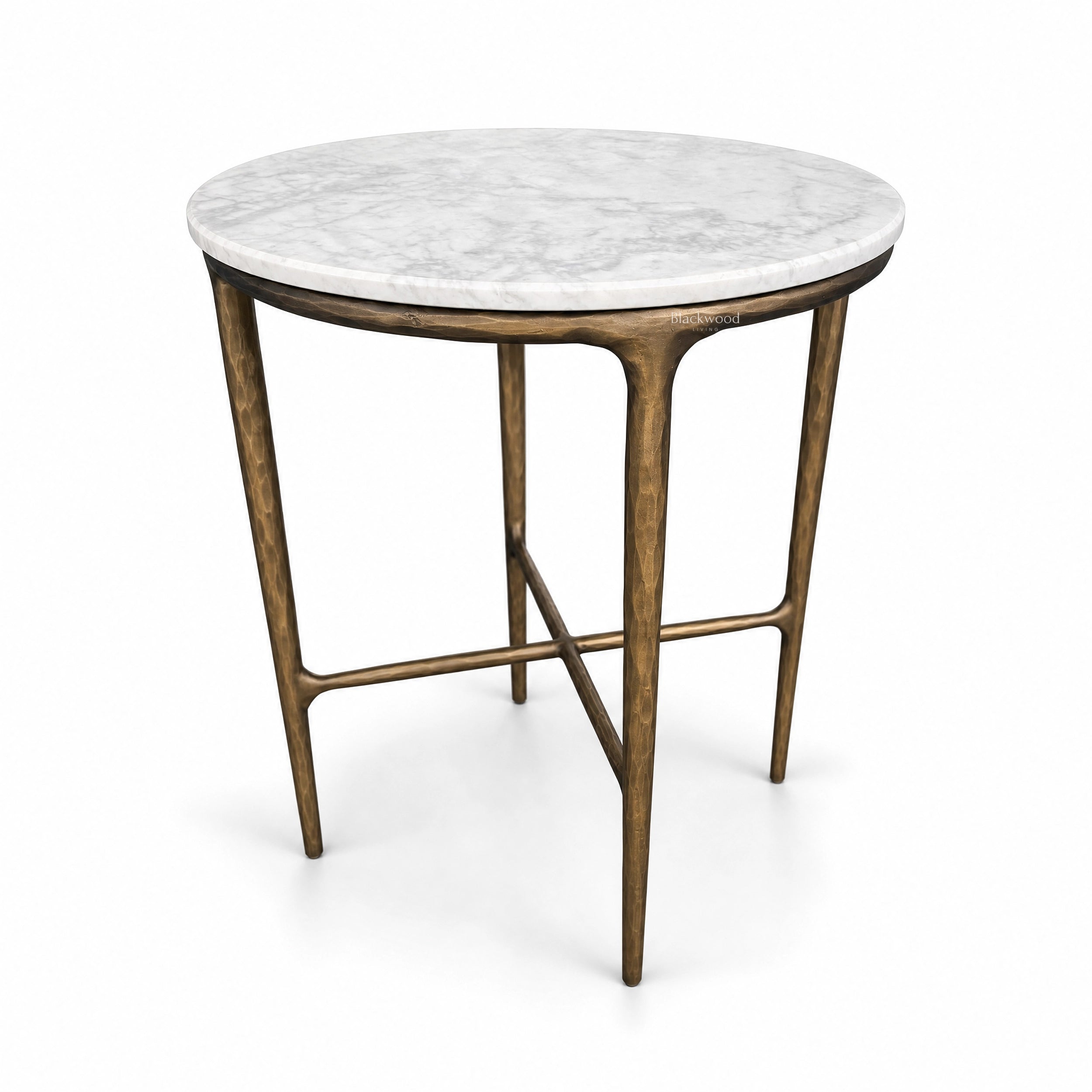 Montclair Marble Side Table with a round white marble top and sculptural bronze iron base.