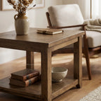 Marlborough Lamp Table in solid mango wood with warm natural grain, shown in a cozy living room setting.