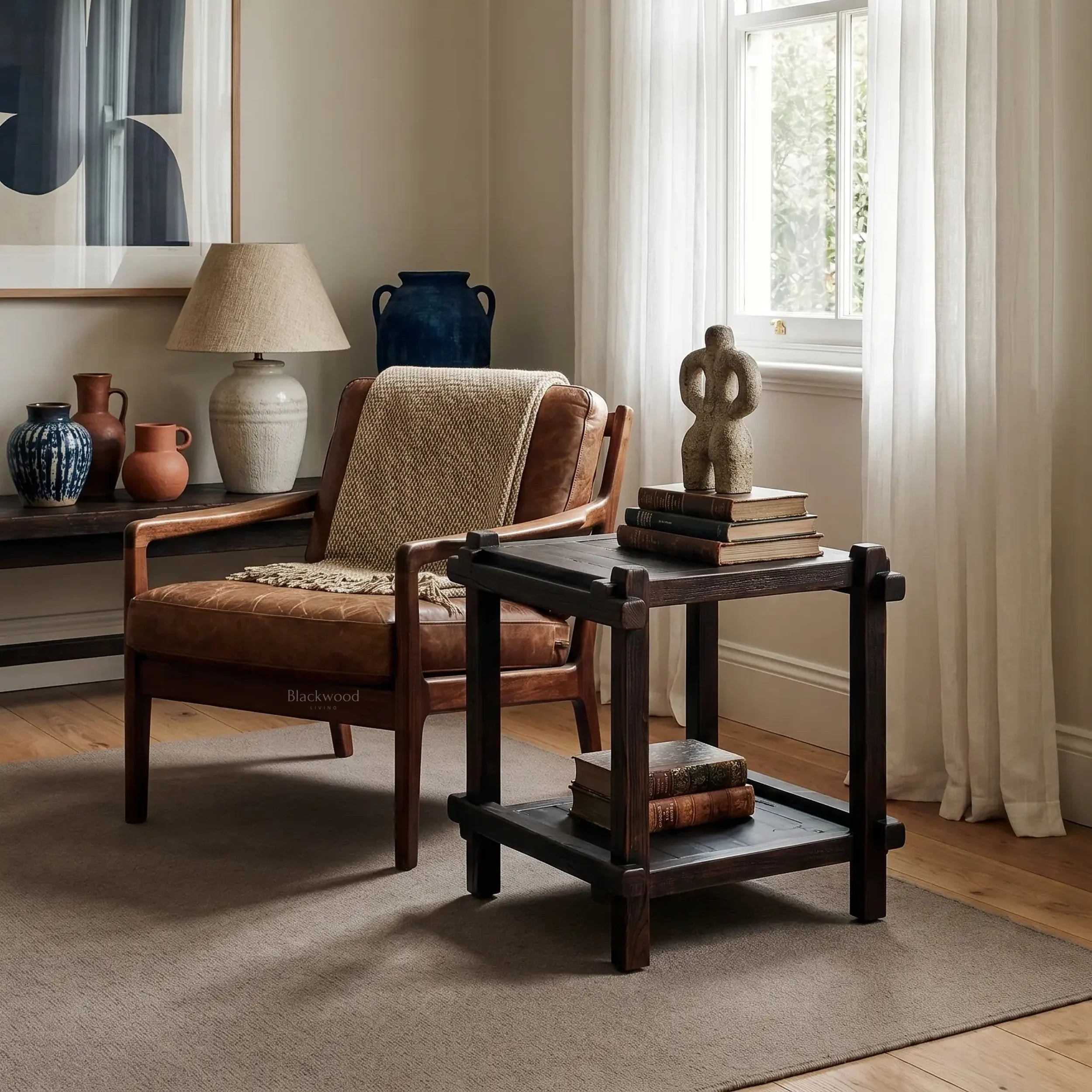 Millhouse Side Table in a warm living room, solid fir wood with exposed joinery, complemented by decor.