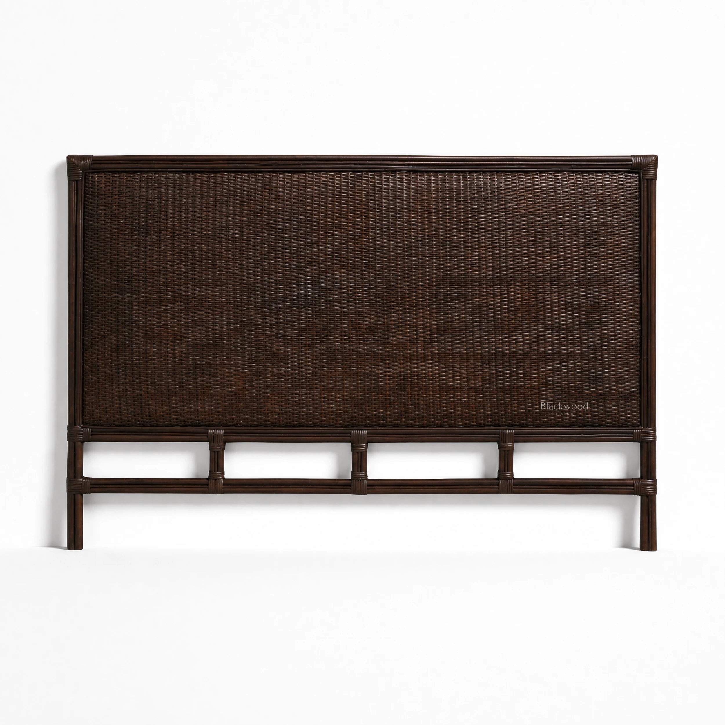 Plantation Rattan King Headboard, dark brown handwoven double-layer rattan with Dacron padding.
