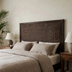 Plantation rattan king headboard, handwoven double-layer rattan with padding in a dark brown, serene bedroom.