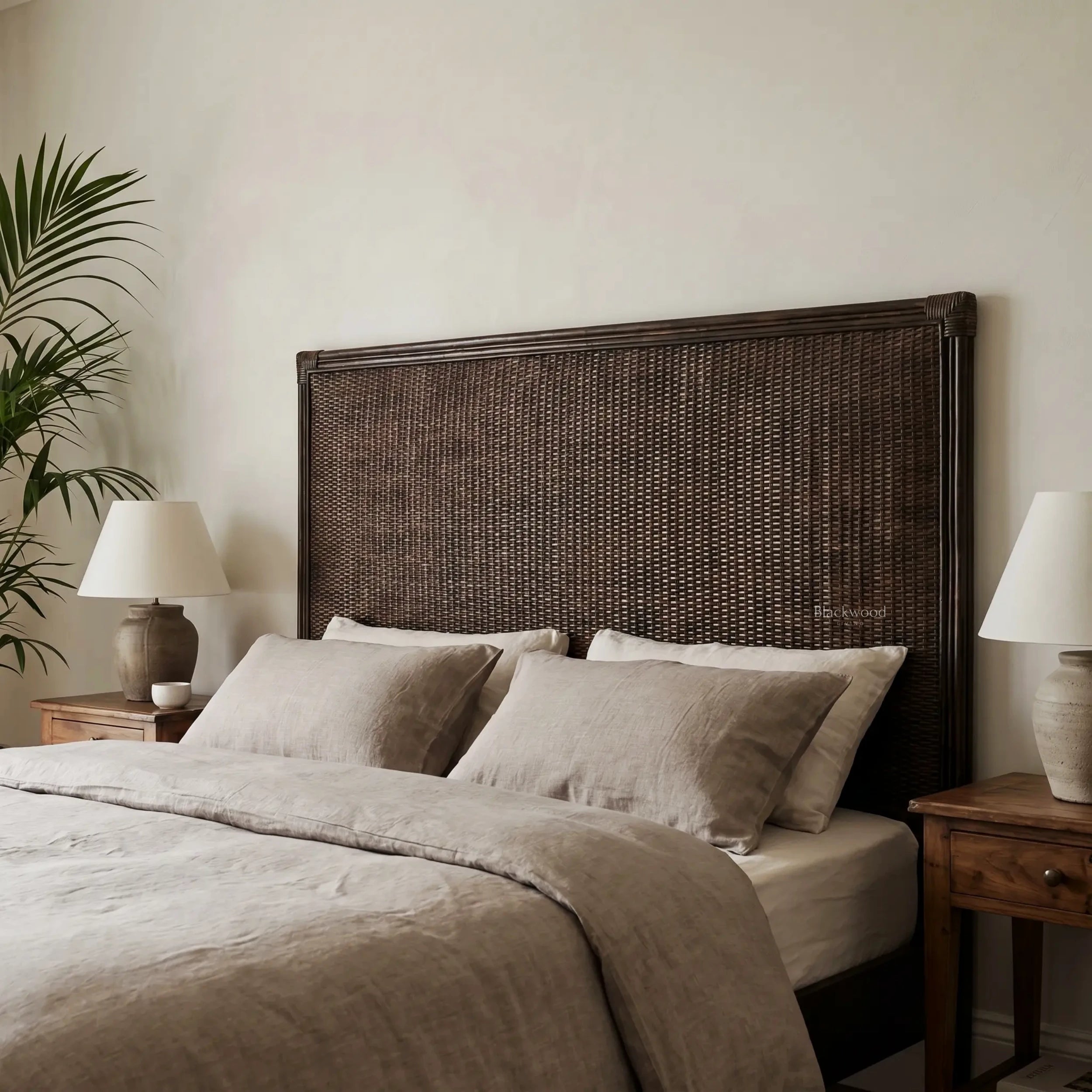 Plantation rattan king headboard, handwoven double-layer rattan with padding in a dark brown, serene bedroom.